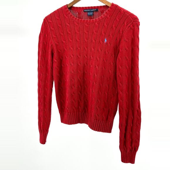 Ralph Lauren Sweaters - Vintage 90s Ralph Lauren Red Cotton Cable Knit Crewneck Sweater